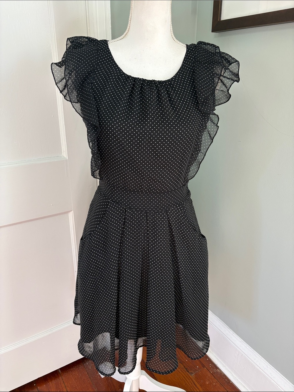 Atmosphere Black Polka Dot Flutter Sleeve Mini Dress Size UK 12 US 8